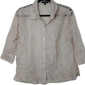 Elementz Women's Sheer Button Up Blouse L Beige Metallic Floral Embroidered Top‎